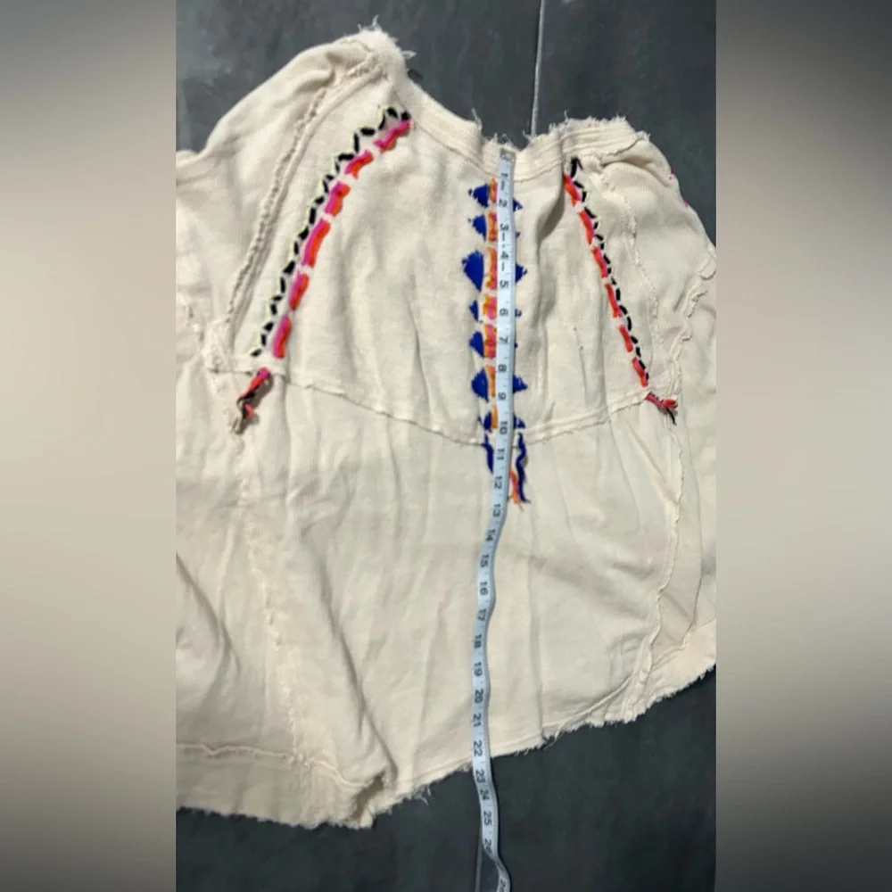 Free People Cream Embroidered V-Neck Peasant Top with Pink and Yellow Accents